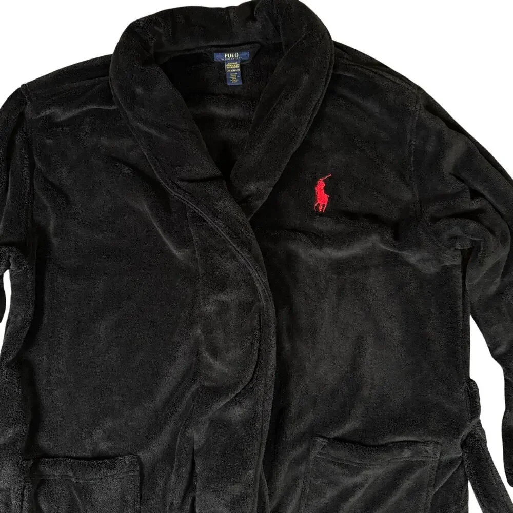 Polo Ralph Lauren Microfiber Shawl‎ Robe Black Plush Big Red Pony L XL